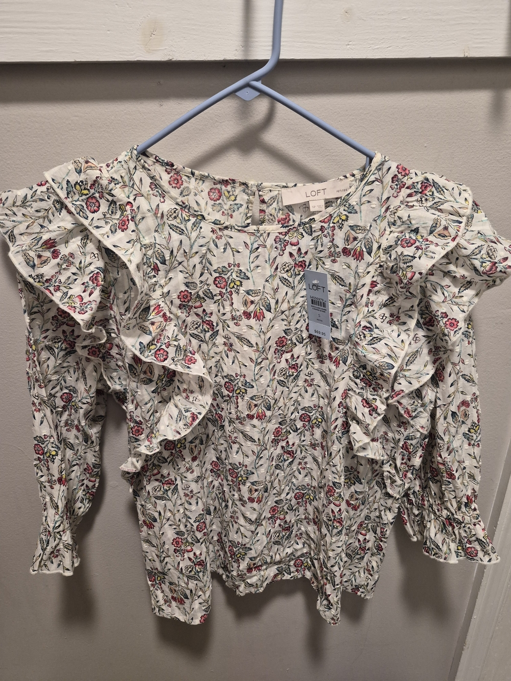 LOFT Floral Ruffle Long-Sleeve Top in Cream